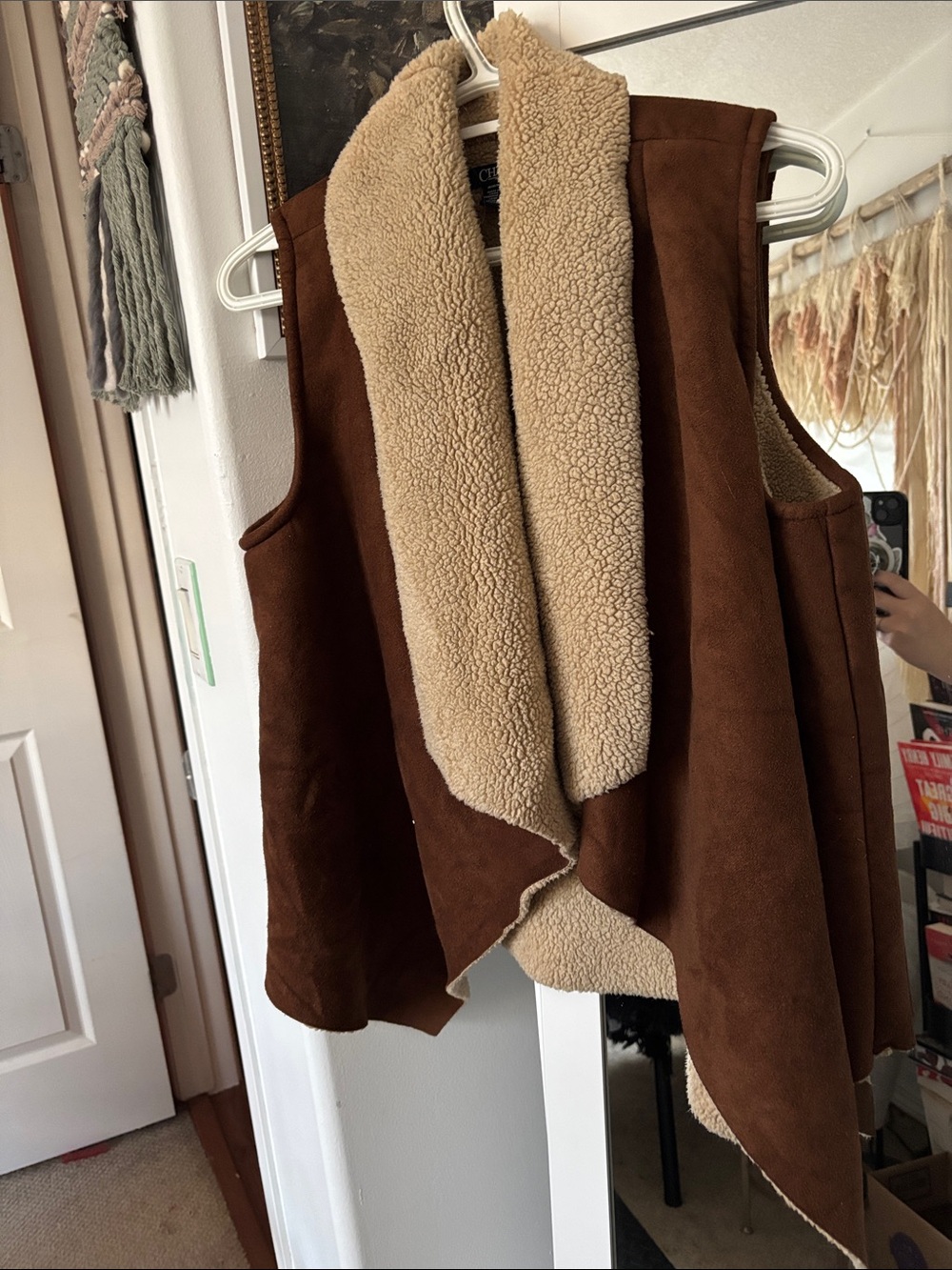 Chaps Brown Faux-Suede Vest with Cream Sherpa Trim